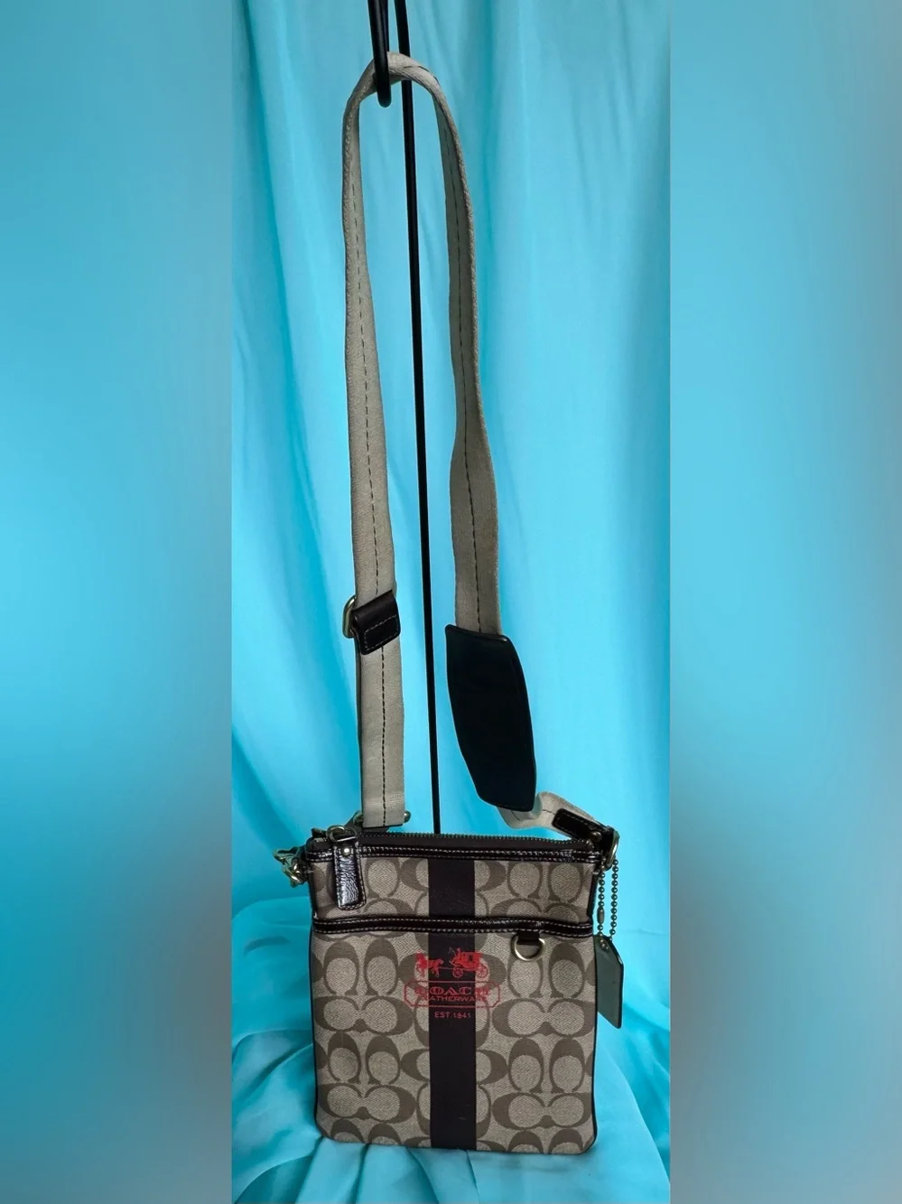 Coach Signature Canvas Crossbody Bag in Brown with Red Logo - Picture 7 of 7
